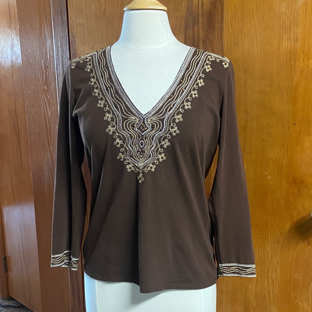 The Limited Brown Embroidered V-Neck Tunic MED Indian inspired